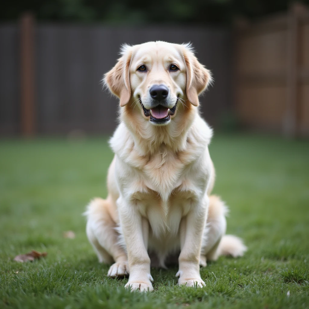 adult english cream golden retriever sitting on grass, facing camera, fence in the background emoji