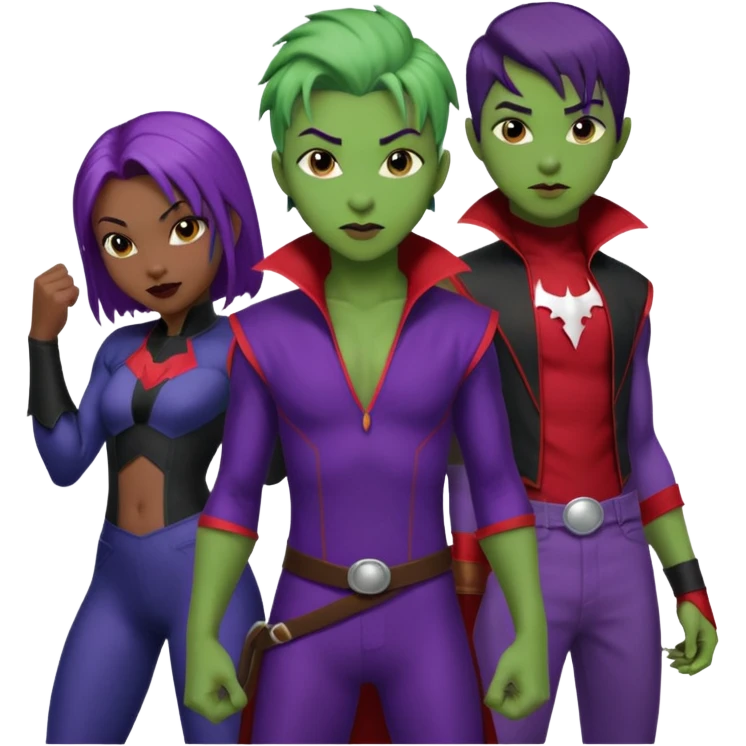 Solo poly platonic relationship, one African girl, one Asian boy, one biracial features Asian tomboy girl rat-tail hair long and upper masculine hair 90s, vampire and marvel cosplay elements inspired  use marvel race, like instead of obvious human, green purple blue etc,  emoji