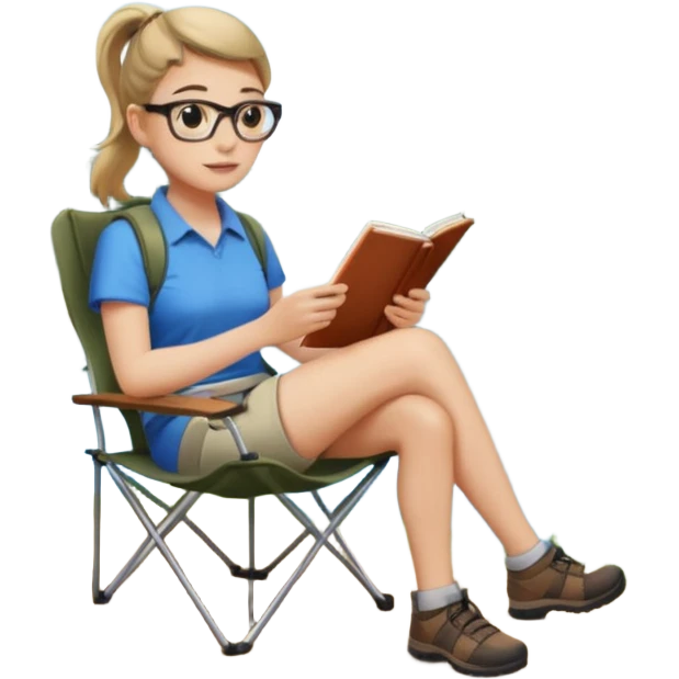 A pony tail hair woman journaling on a camping chair, enjoying the quiet nature scene. emoji