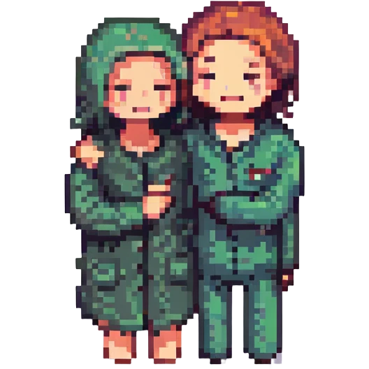 A person hugging another person with a mysterious smile and a finger to their lips emoji