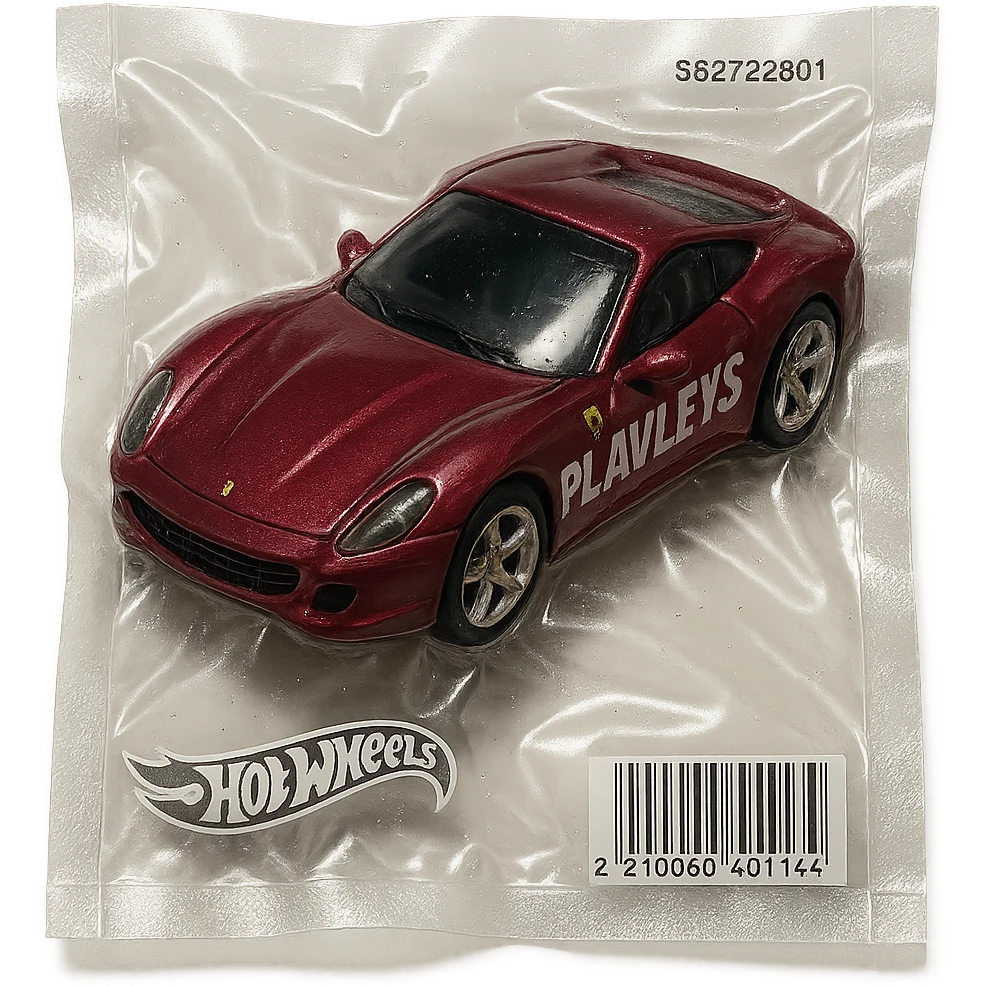 burgundy Hot Wheels Ferrari toy car with 'PLAVLEYS' lettering on the body, shiny and inflated, vacuum-sealed style emoji