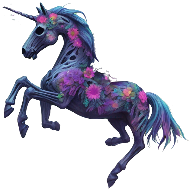 Zombie Pegasus unicorn skeleton person psychedelic flowers floral groovy art neon rave raving emoji