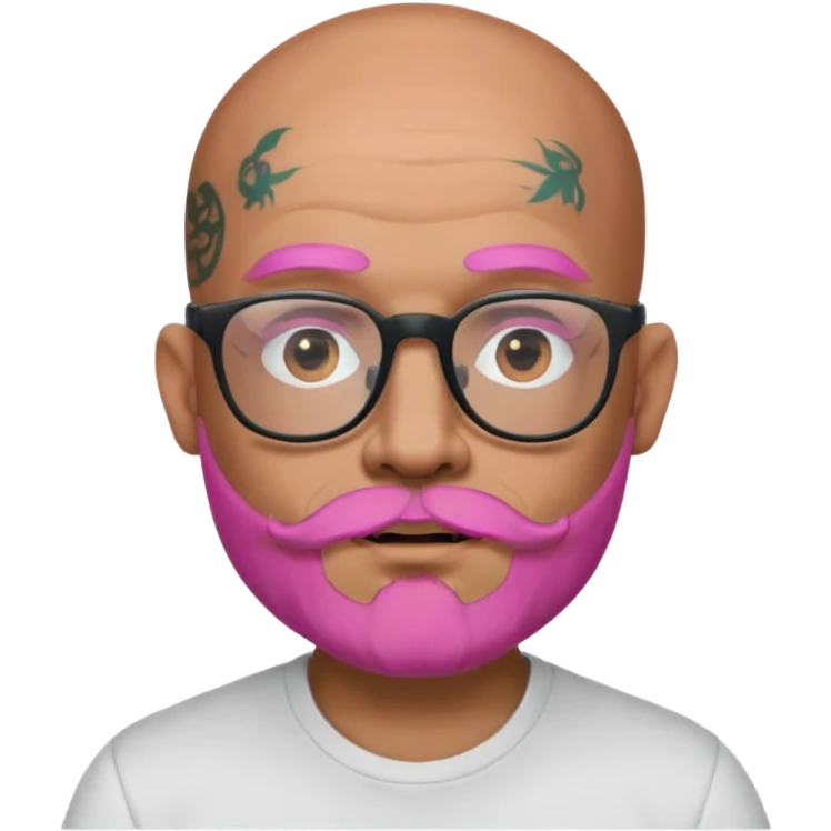 bald man with a pink beard, glasses, and face tattoos, memoji style, expressive face emoji