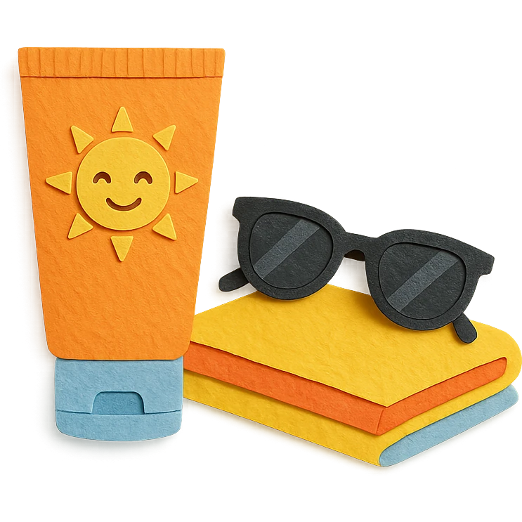 tube of sunscreen with a smiling sun, next to sunglasses and a towel, paper-craft style emoji