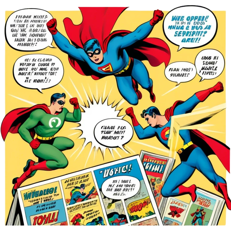 Icon for Vintage American Comics: an open comic magazine with classic 1940s-1950s American comic art, featuring superheroes in bold, bright colors, with action panels and exaggerated speech bubbles. The icon should represent the nostalgic style of vintage comics. Transparent background. emoji