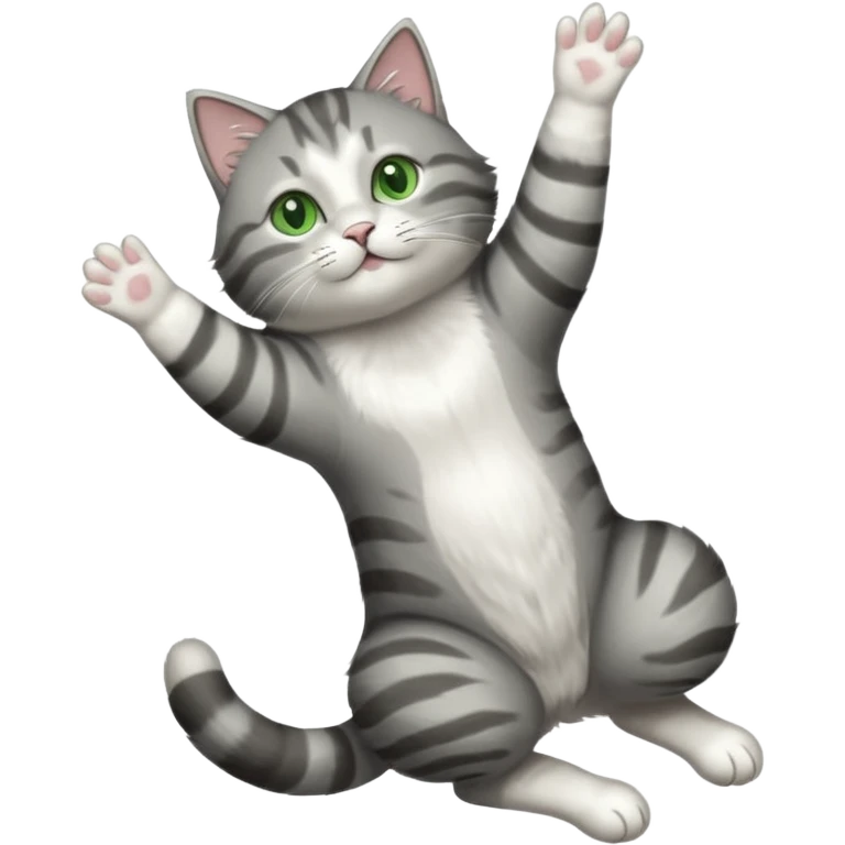 grey and white cat with green eyes doing a big extremely long stretch reaching up into the air with arms and legs side by side together straight and overextended whilst lying on its side emoji