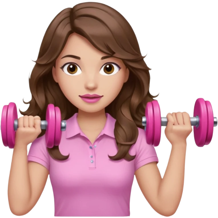 girl with wavy long brown hair, brown eyes, light to medium complexion, long lashes, light pink lipstick, wearing light pink shirt, lifting a pink dumbells emoji