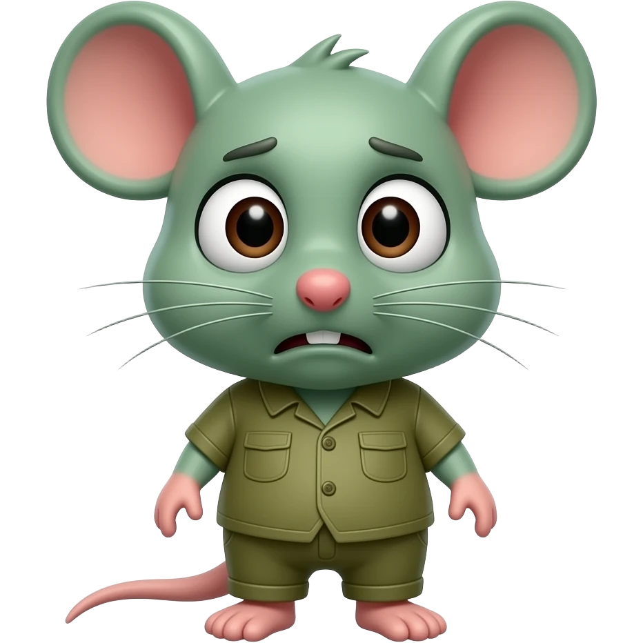 A little green mouse shaped like a little human dressed in khaki green, looking at us with a disgusted and nauseating expression. emoji