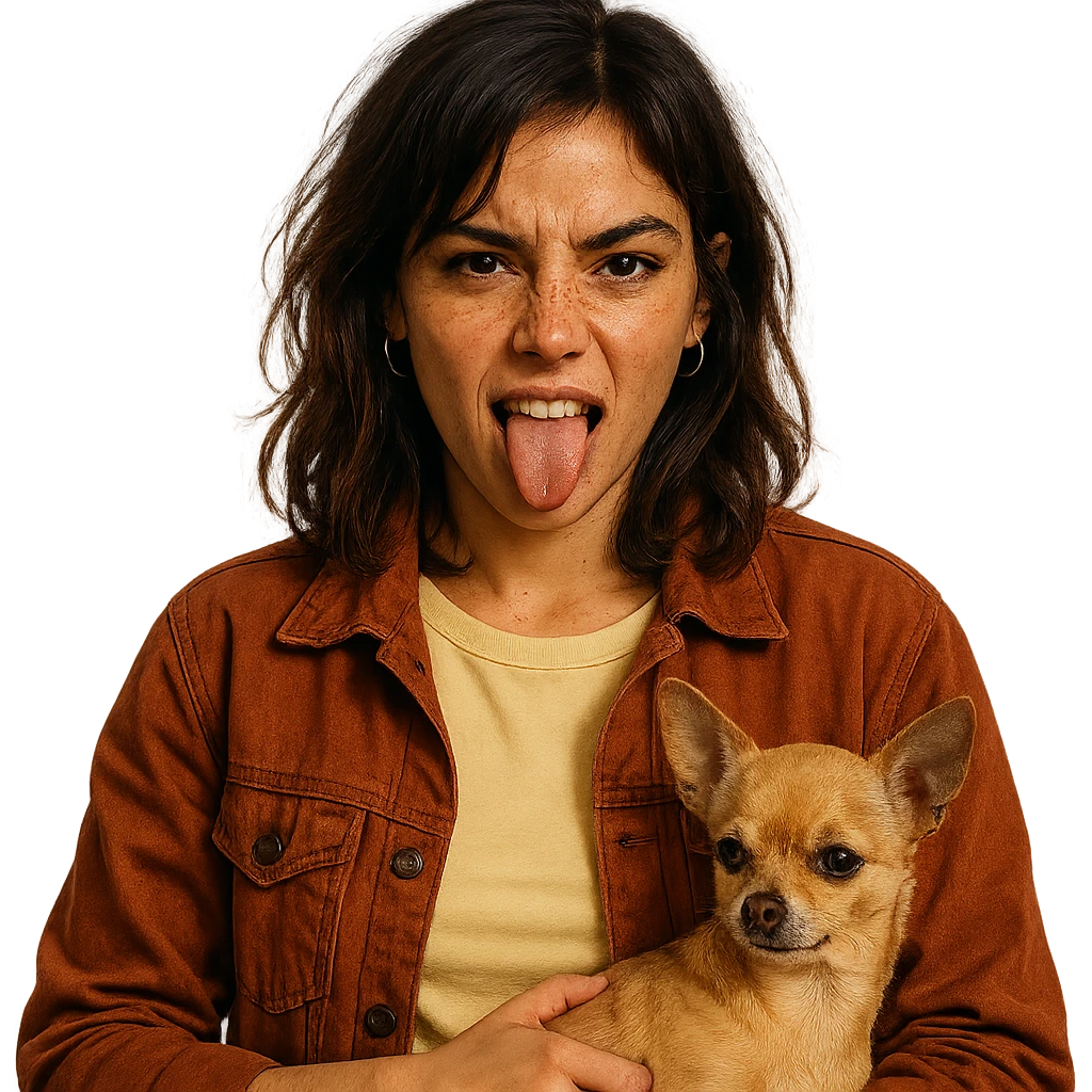 rebellious and playful woman with tanned skin and freckles, wearing a pale yellow shirt (#FFF8CA) and rust-colored jacket, medium-length brown hair with auburn highlights, holding a beige-brown chihuahua, Netflix series style, transparent background emoji
