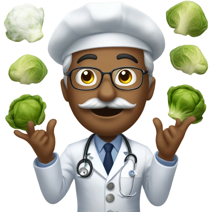 Navy doctor with moustache being goofy with Brussels sprouts  emoji