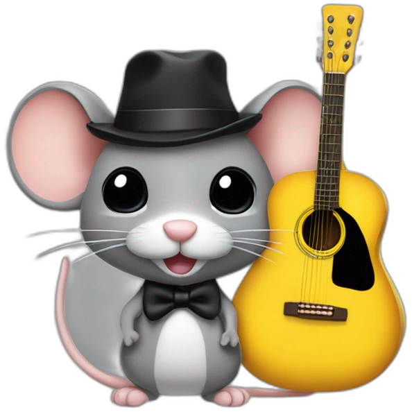 adult grey jerry mouse with white moustache, big black hat, and yellow guitar emoji