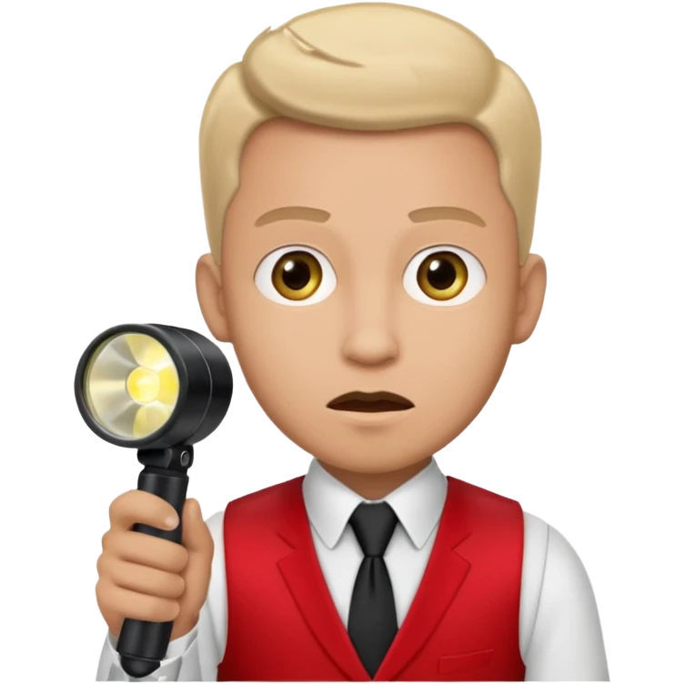 Movie theatre usher in red vest and black tie with flashlight looking scared emoji