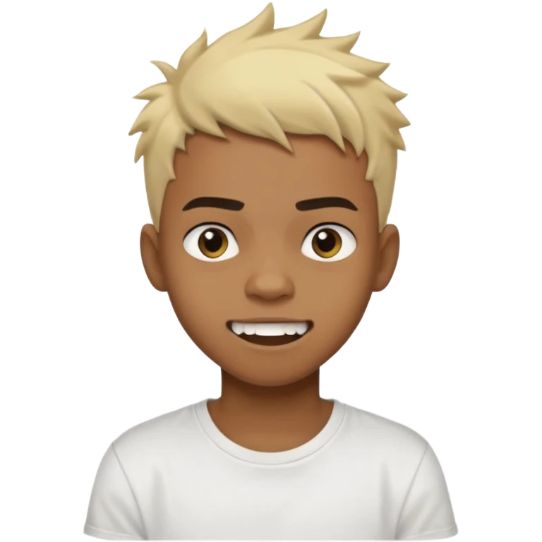 Black Male Teenager with Short punk messy blonde hair, Dark brown bushy eyebrows large expressive golden-brown eyes, wearing a plain white t-shirt, Dark Brown skin color. Fun teeth emoji
