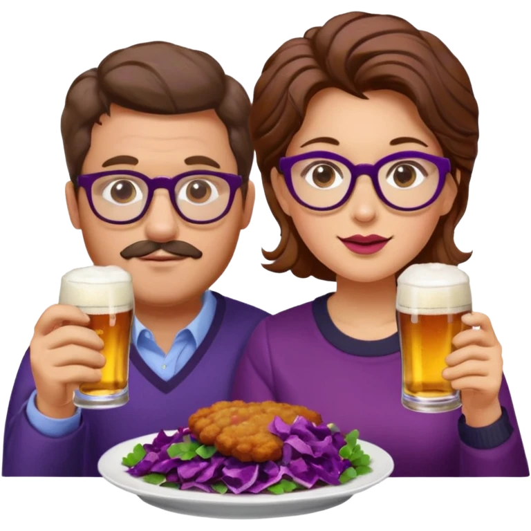 German man with glasses and brown hair and woman with glasses and brown hair eating schnitzel, red cabbage, potatoes, and drinking a beer emoji