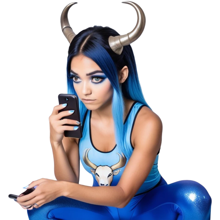 Disapponted-big tears-head back texting on phone-very very large upper body-sexy face-bending forward at waist-very long very straight dark blue to light blue ombre hair-and-blue eyes-thick black eyeliner-goat antlers-iridescent blue lowcut tanktop with black leggings with glitter superman logo emoji