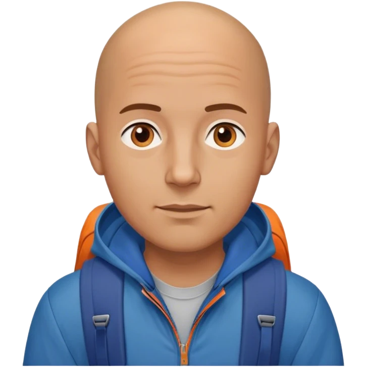 uomo con il centro della testa pelato e il resto medi marroni con un giubbotto blu e che si vedano le bretelle dello zaino arancione  emoji