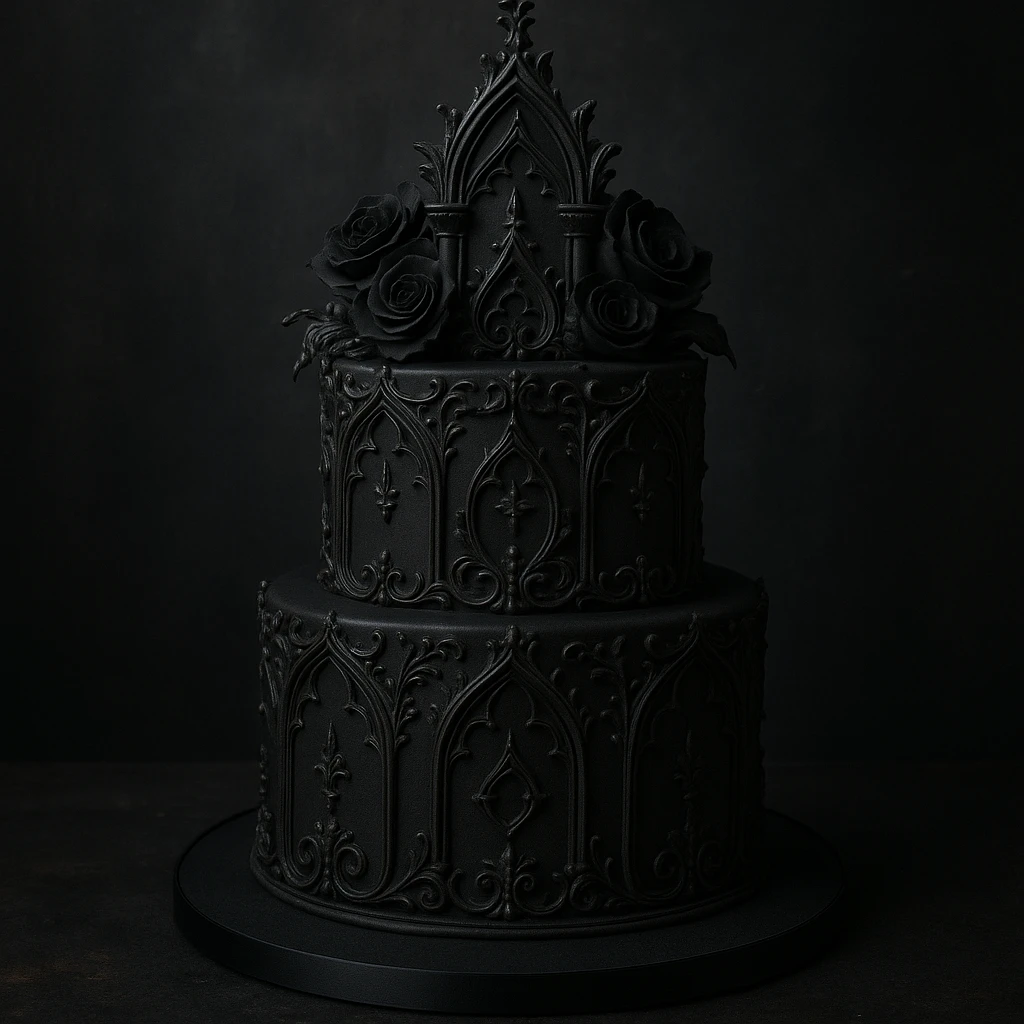 gothic cake, dark, moody, intricate gothic style cake with ornate details emoji