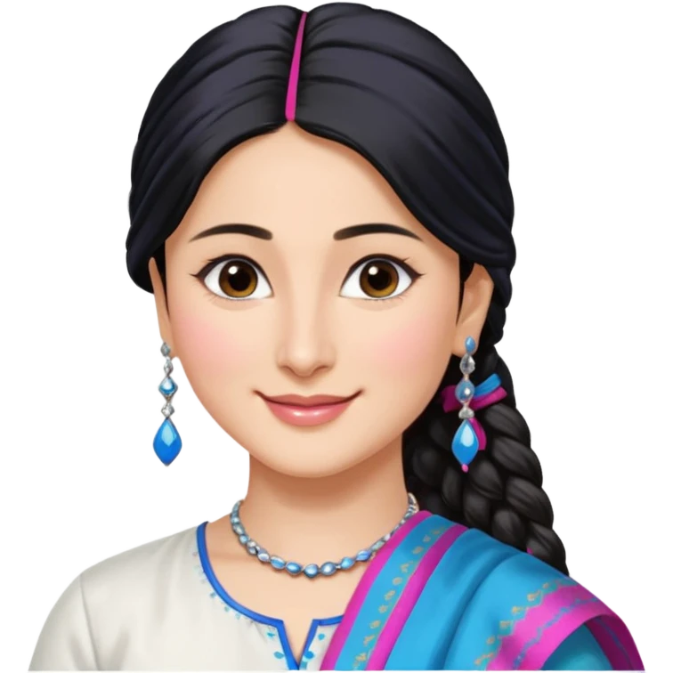 generate a pretty bratz emoji that looks like Kareena Kapoor's Geet character. 
Make her wear a white shirt with a colorful blue-pink dupatta wrapped around her neck. smiling big. Black hair tied into a side part ponytail, silver hoops and no necklace

She should look exactly  like Kareena Kapoor emoji