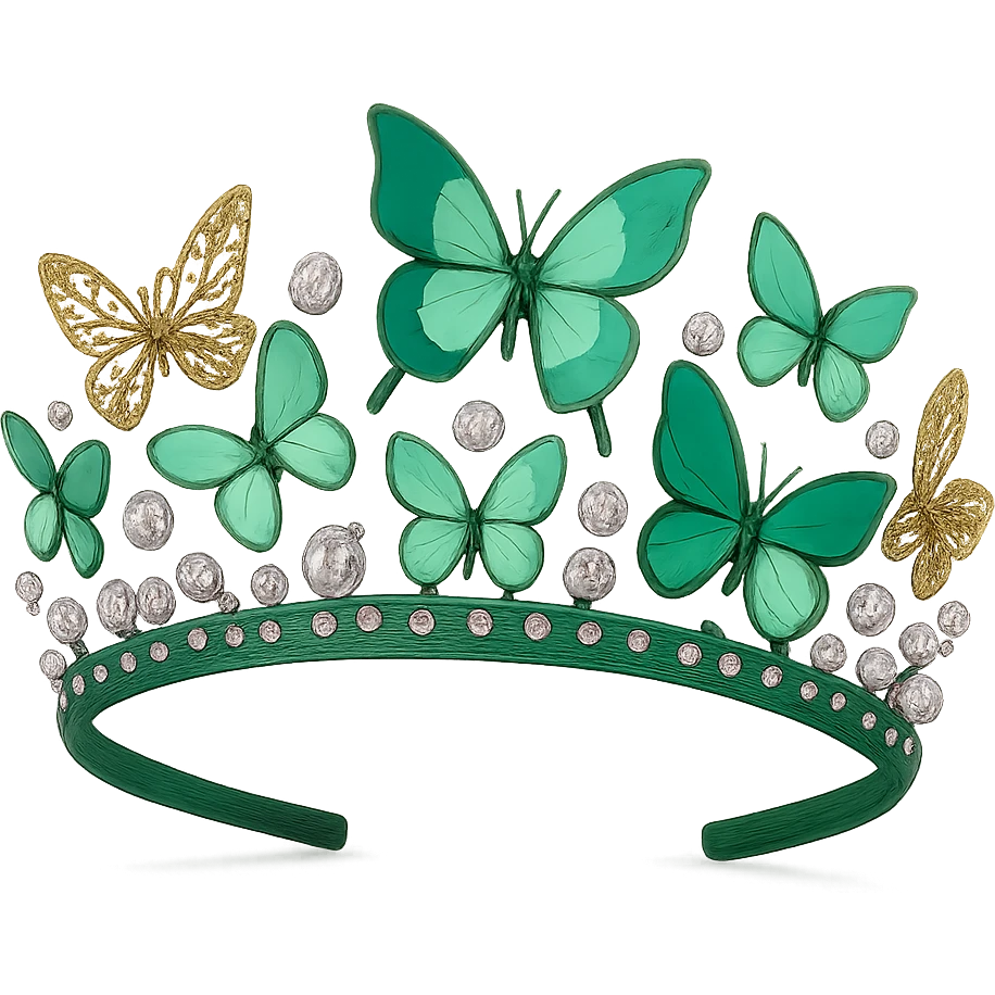 butterfly crown with a forest green base, only a few emerald and mint green enamel butterflies, sparkling gems emoji