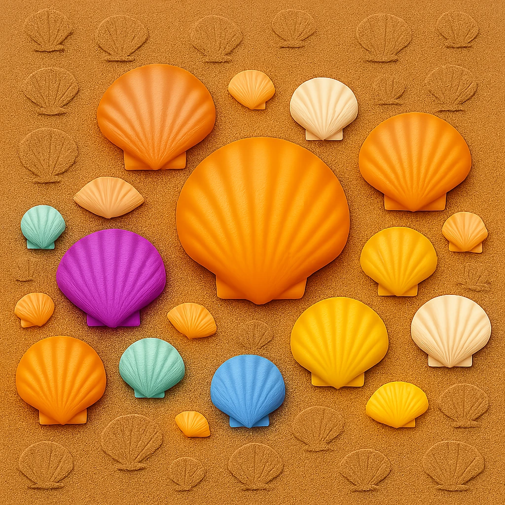 Add seashell patterns to the wet sand in a top-down view, styled like apple emojis, with a transparent background if present. emoji