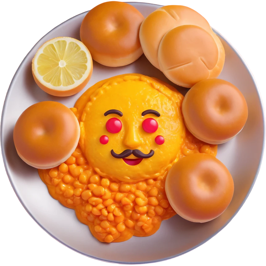 3D emoji style pav bhaji on stainless steel plate, orange-red bhaji with melting butter, two buttered pav buns, onions, lemon wedge, bright colors, soft shadows, isometric or top-down view, warm background emoji
