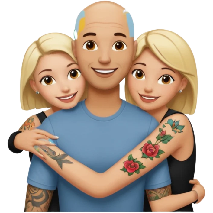 throuple tatted bald boyfriend with two girlfriends blonde and brunette loving  emoji
