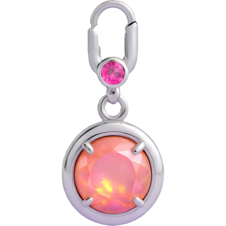close-up view round cut pink fire opal charm with fiery pink-orange flashes, silver bezel setting, silver jump ring emoji