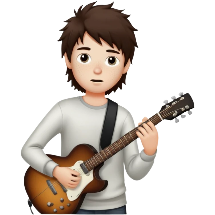 A boy with messy dark brown hair, white skin with freckles, black eyes, a straight nose, and a guitarist emoji