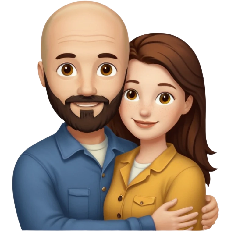 Couple. Bald man with dark brown-black beard. White woman with many small, faded freckles, she has white skin and she has auburn-yellow-brown-cinnamon, dark long hair. She has light brown eyes. The man have hazel eyes. Retro style. They hug. emoji