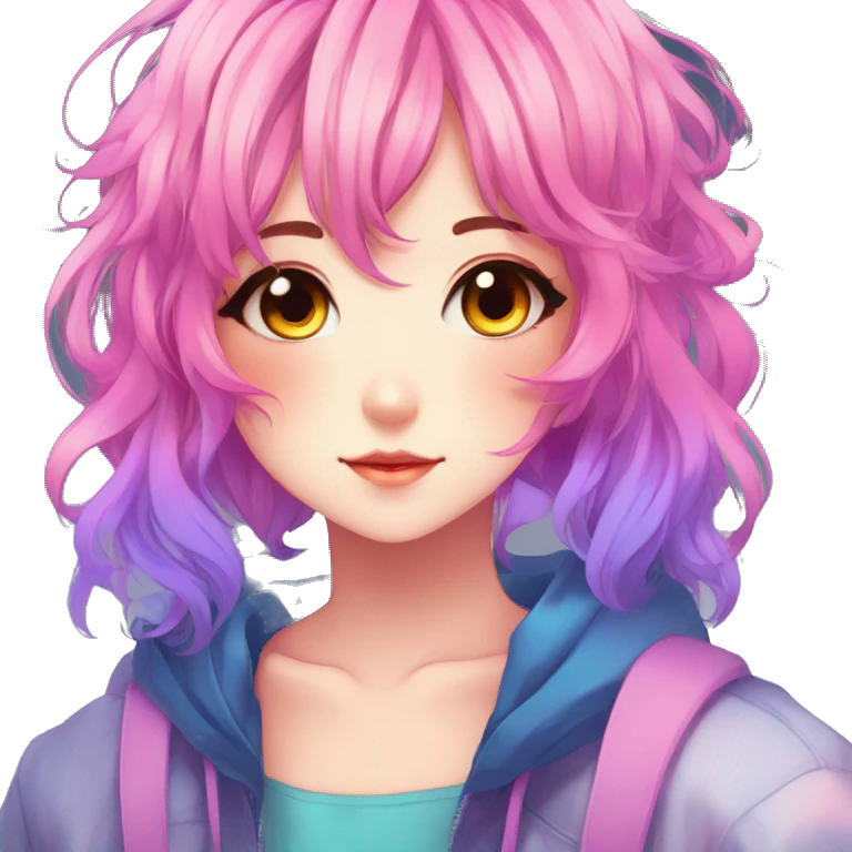 Gorgeous anime style shojo character with blushing face aesthetic and pretty colorful shiny gradient neon hair with hair garment trending style emoji