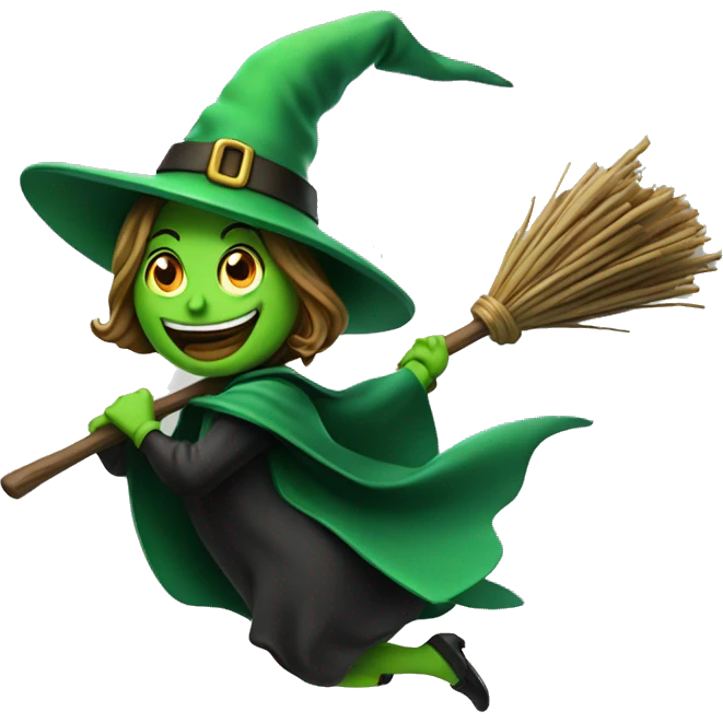 green witch flying on a broom facing right throwing candy. emoji