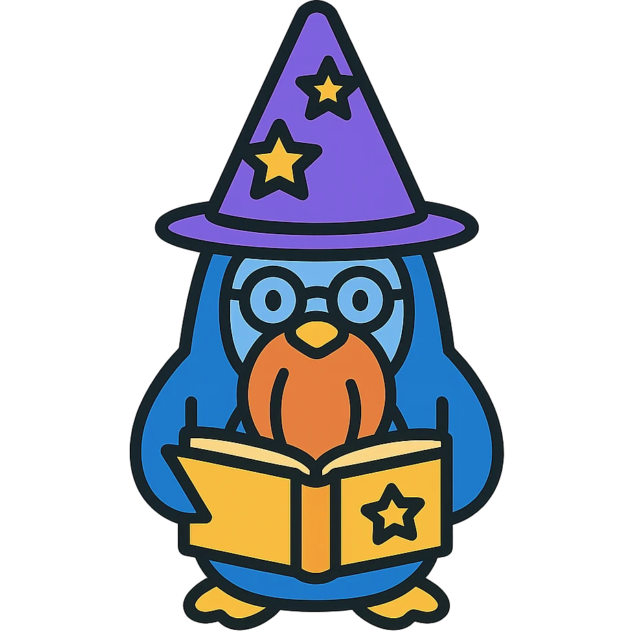 a stylized penguin wizard with glasses, a long beard, and a magical book, in a modern flat icon style emoji