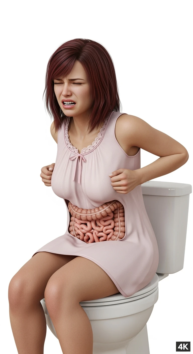 DONNA REALISTICA SEDUTA SUL WC CHE SI SFORZA CON ESPRESSIONE DI DOLORE, INTESTINO ANATOMICO REALISTICO VISIBILE, IPERREALISTICI 4K, ISOLATA SU SFONDO BIANCO emoji