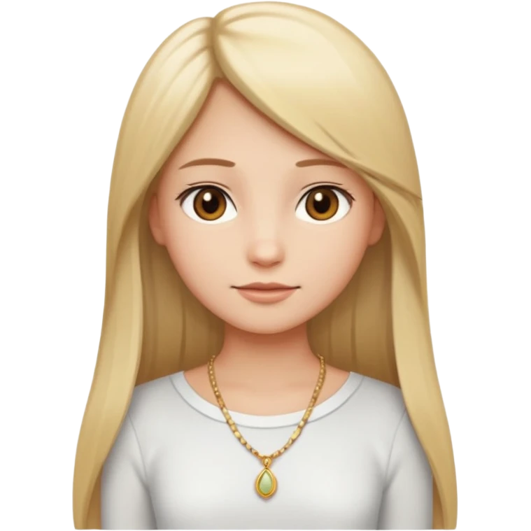 "Cartoon emoji of a girl with long, straight blonde hair, fair skin, soft brown eyes. Wearing a white top with a delicate necklace, serene expression, calm and peaceful. Smooth, simple, stylized." emoji