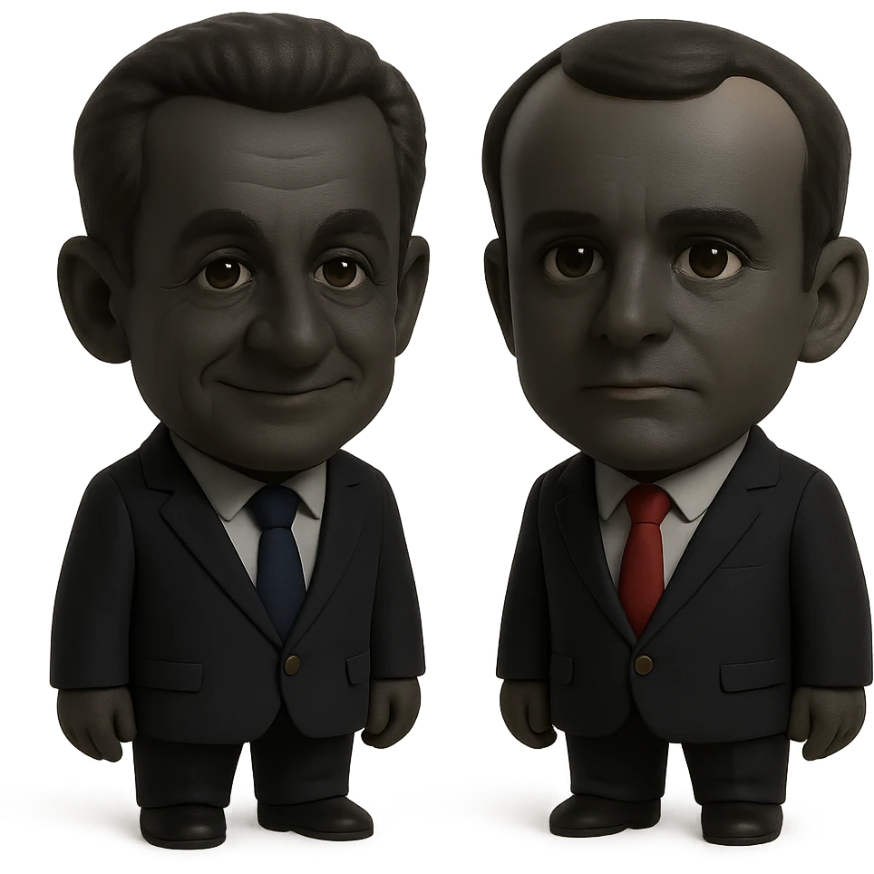 3D chibi caricature of Nicolas Sarkozy and Emmanuel Macron side by side, oversized heads, small realistic bodies, navy suits, Sarkozy with blue tie and slight smile, Macron with red tie and neutral expression, semi-realistic, soft shadows, accurate faces emoji