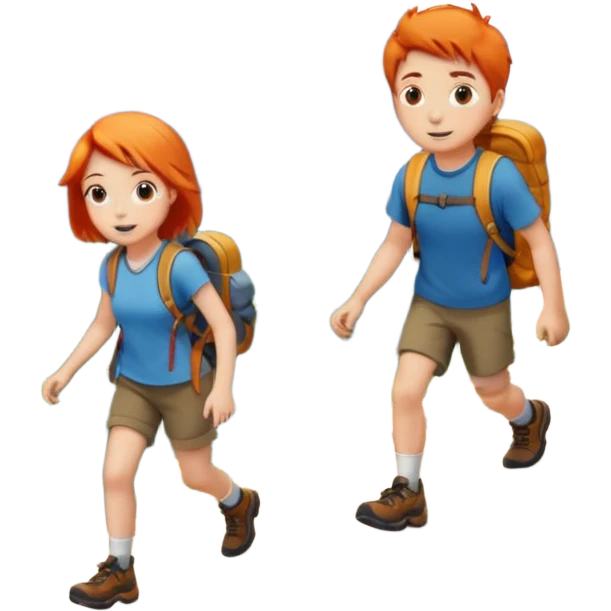 A girl with orange hair and a boy with brown hair hiking up a mountain  emoji