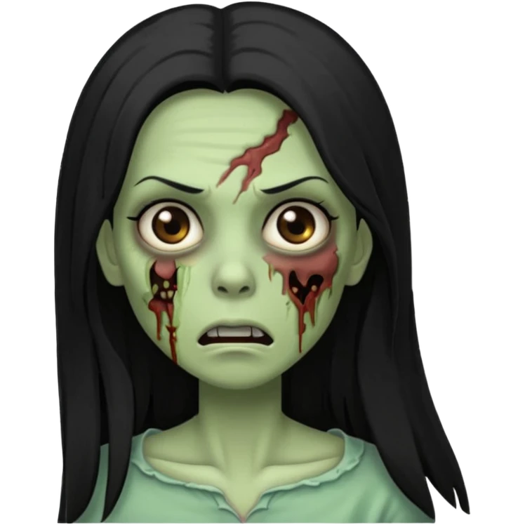 Faça uma zombie verde mulher com cabelos preto, liso e longo de olhos castanhos e boca fechada  emoji