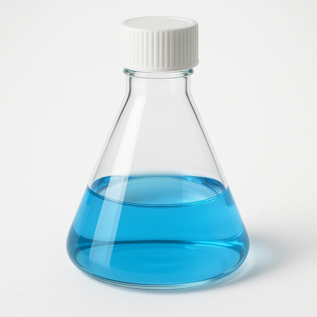 a laboratory culture flask, transparent glass, with blue liquid inside, simple and clear design emoji