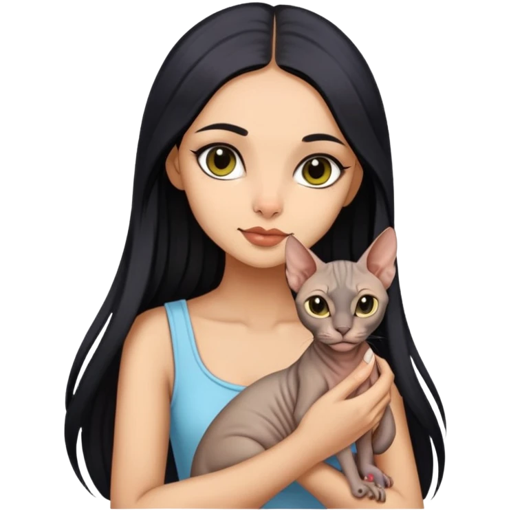 beautiful girl with long black hair holding a hairless sphinx cat emoji