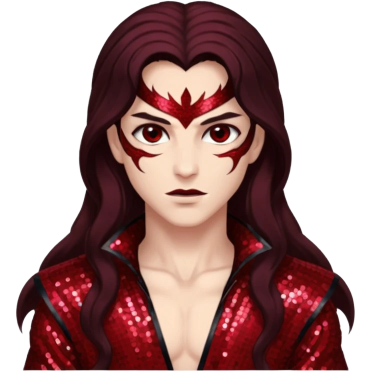 Samael, Venom of God from Gods and Goddesses with long dark brown hair, dark red sequin outfit emoji