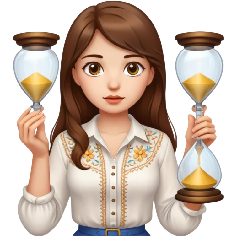 A Ukrainian girl with brown hair wearing a white embroidered shirt holds an hourglass in her hands emoji