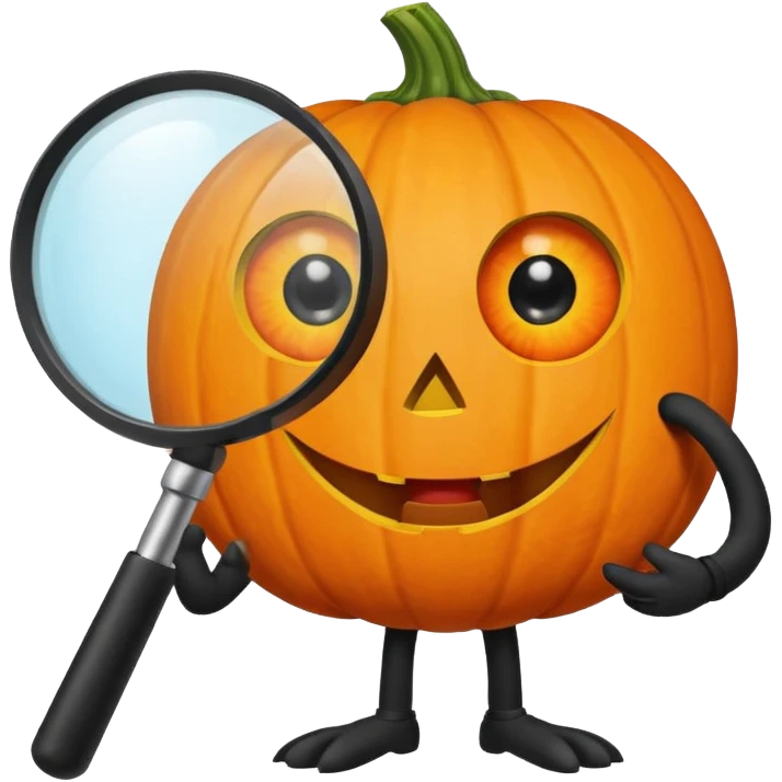 A pumpkin smiling at a magnifying glass (the magnifying glass has limbs and a suit thats black, the magnifying glass also has a eye, looks like a cyclops eye, one eye in the middle) emoji