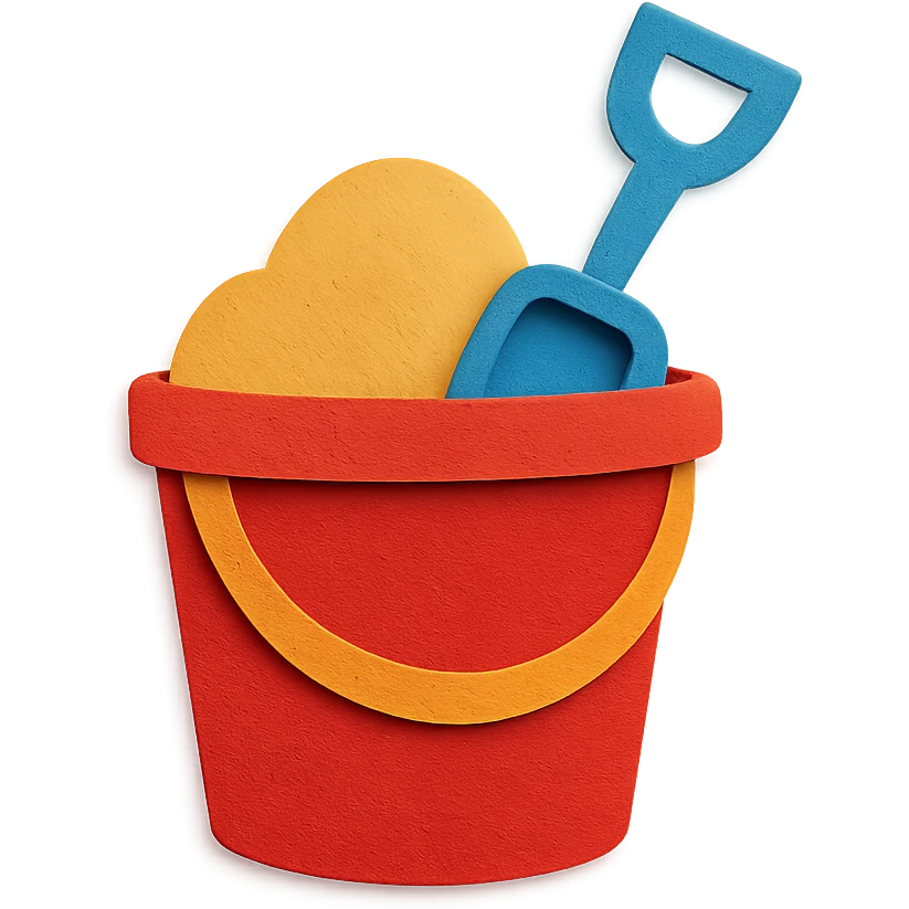 beach bucket and pail with sand and a small shovel, bright colors, in paper-craft style emoji