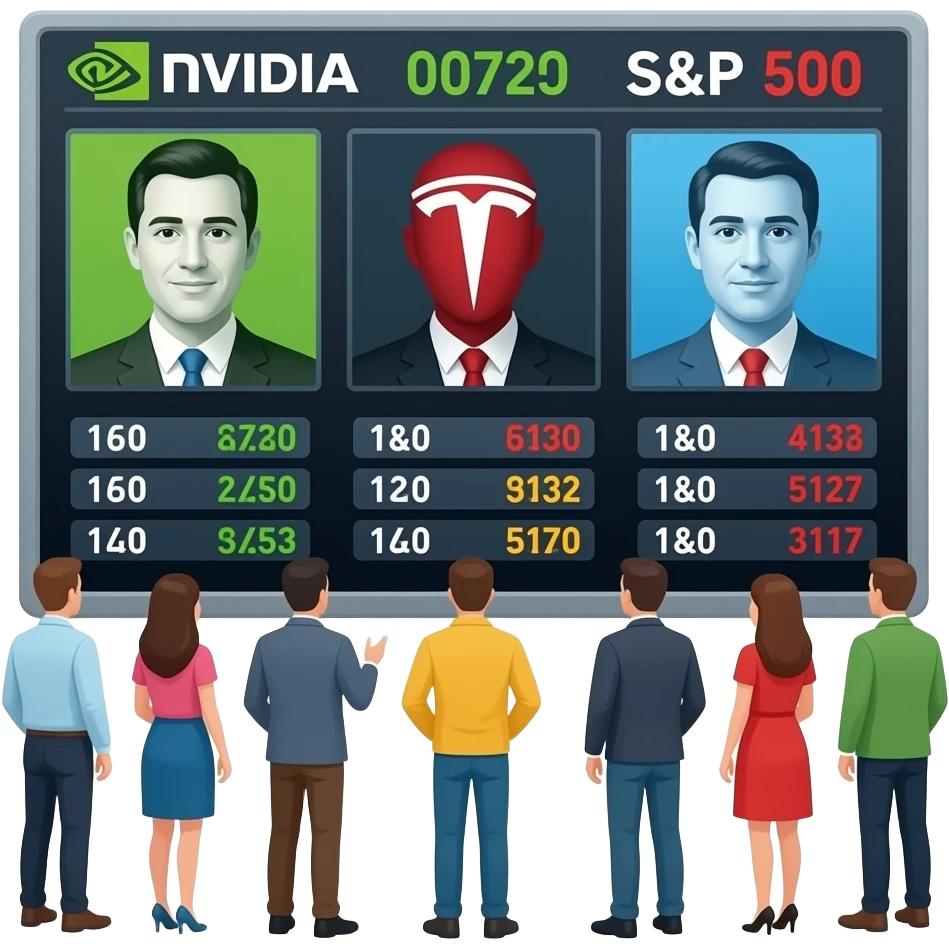 people looking at a giant stocks board with nvidia, tesla, and s$p 500 emoji