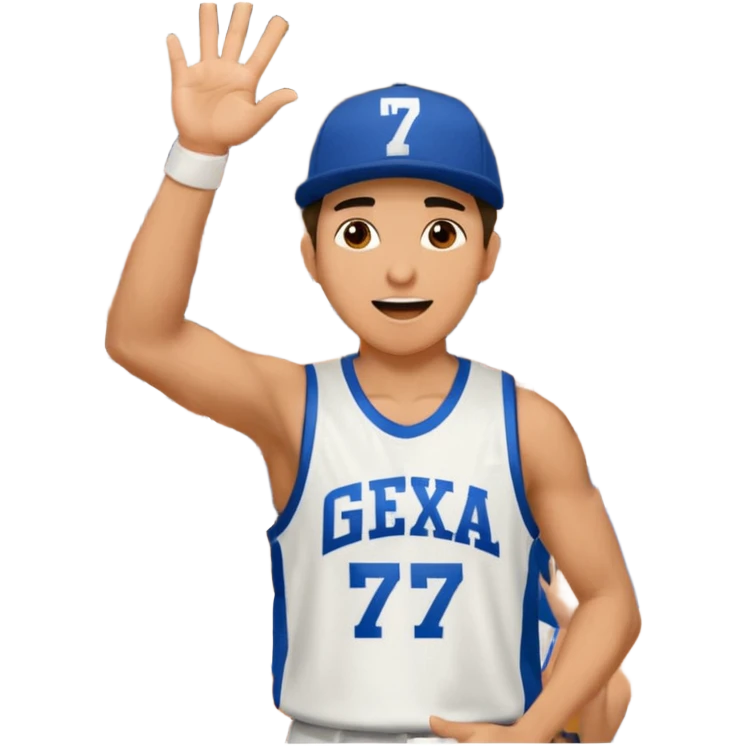 Maverick Trevillian in the crowd at an amateur basketball game. He leans towards the camera and enthusiastically shouts "six seven while performing a distinctive hand gesture: both hands open, palms facing upward, moving up and down as if weighing two options. emoji