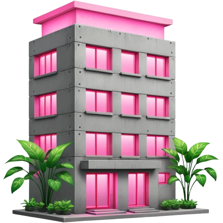 Soviet-style concrete panel apartment building block with neon pink light glowing from one window for indoor plants emoji
