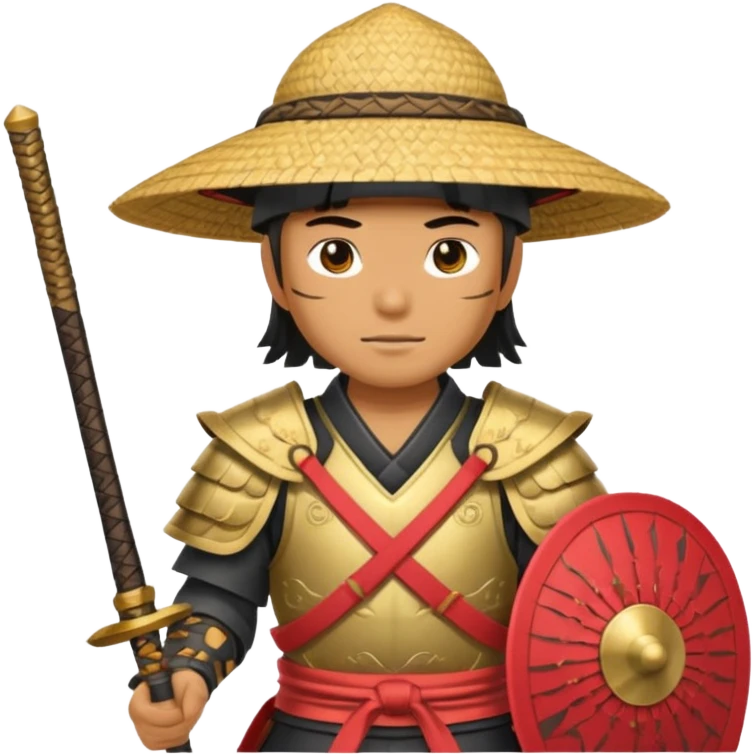 Samurai with straw hat, Warrior in armor holding wide hat emoji