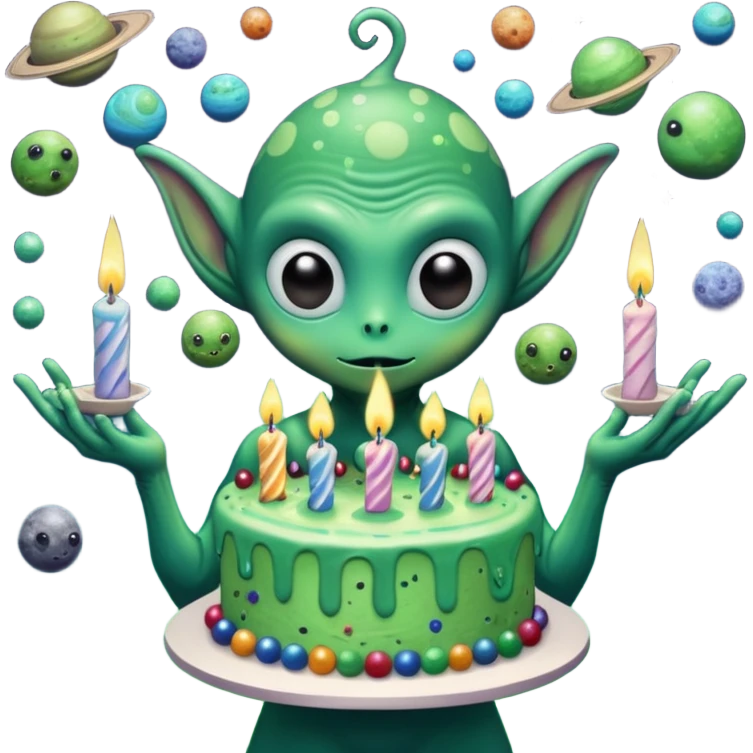 A giant alien holding a birthday cake that is actually a miniature galaxy, tiny planets orbiting the candles, cosmic dust swirling, epic scale contrast, ultra detailed space fantasy art

 emoji
