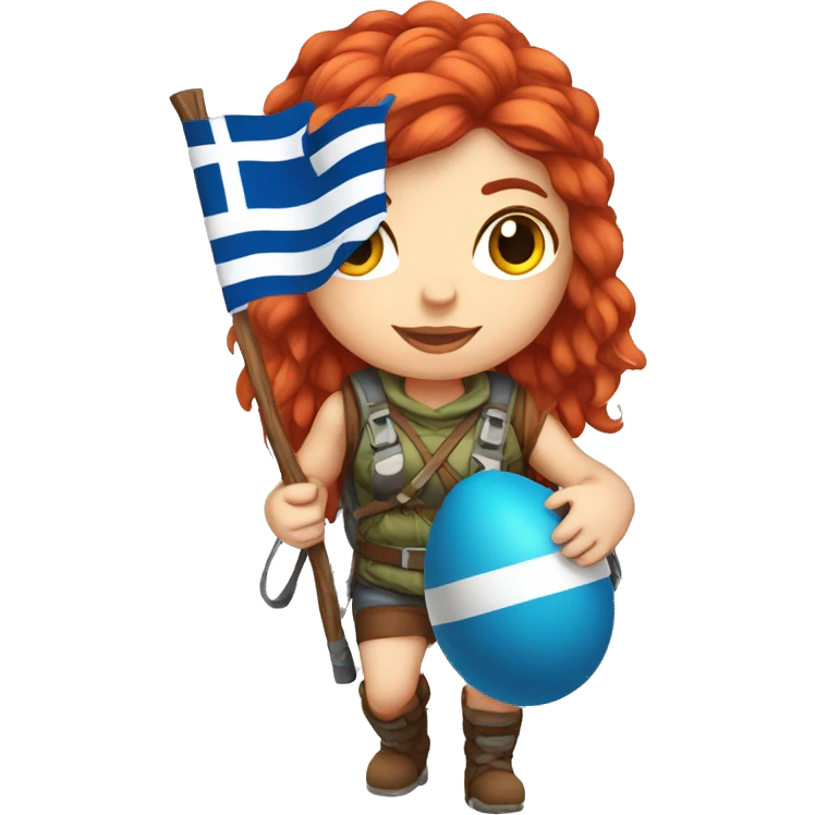 Greek Female winter mountaineer red hair white skin climbing with Greek Flag and Easter eggs basket emoji