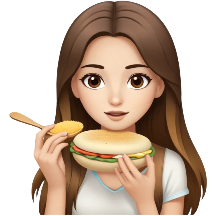 Chica bella con cabello balayage largo liso y ojos marrones comiendo arepa emoji
